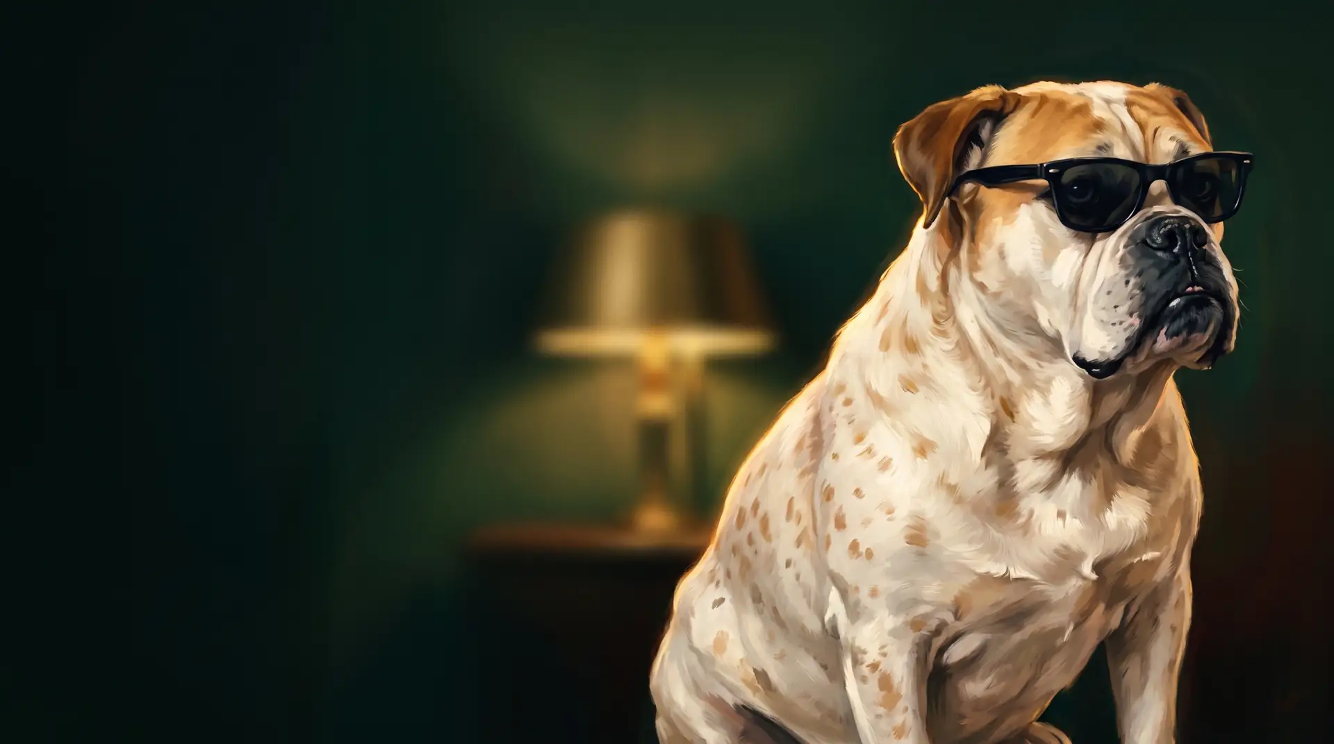Vivian, the bulldog 515 Studio is named after (VIV = 515), in a painted portrait wearing sunglasses.